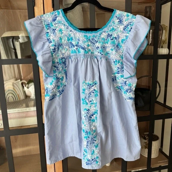 Emilia Collection blouse top embroidered oaxaca ruffle handmade turquoise tunic - Picture 2 of 8